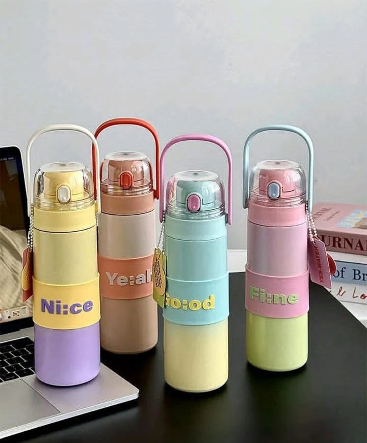 Pastel "Nice" Kids Insulated Water Bottle with Carrying Handle