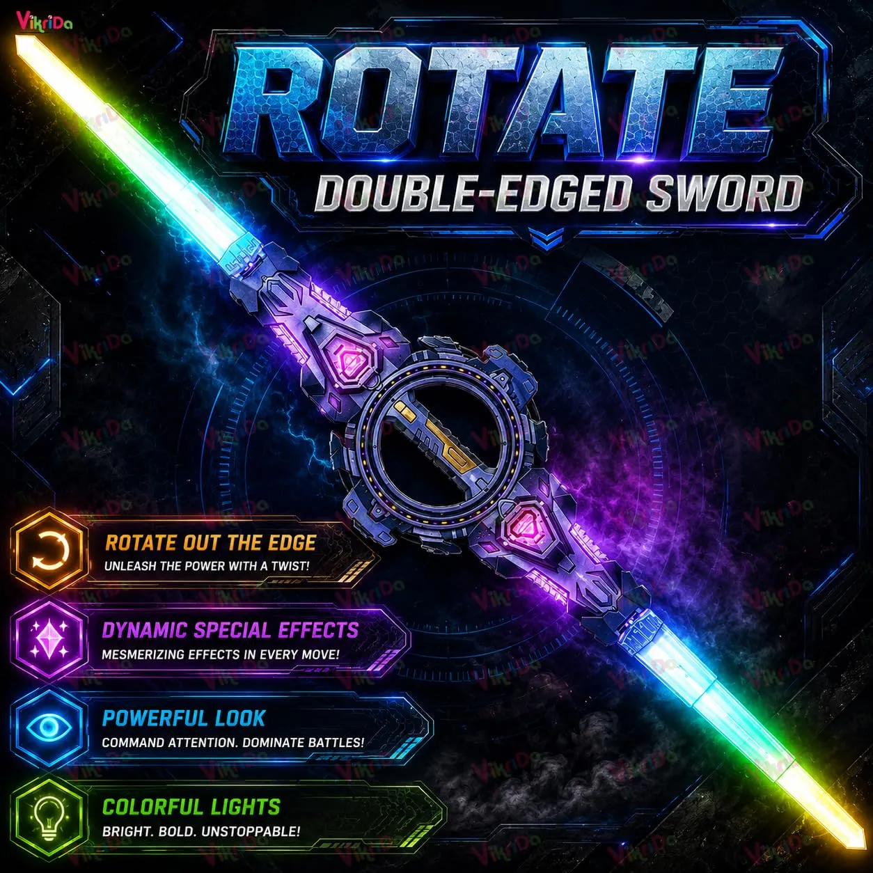 Rotate Double-Edged Sword Toy with 360° Rotation, Lights & Fire Effect
