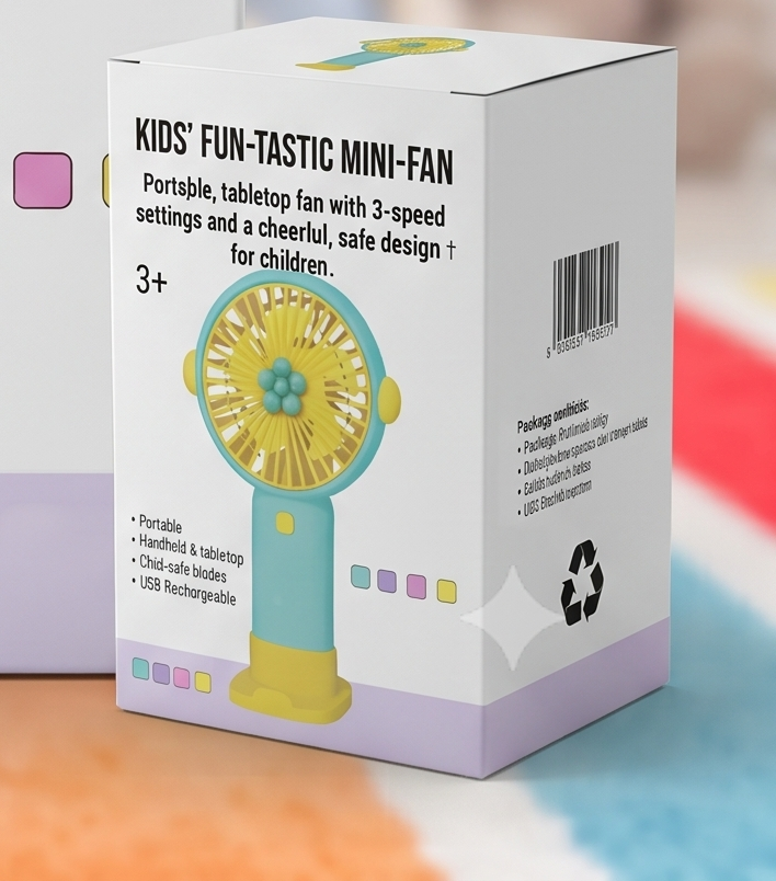 KIDS' FUN-TASTIC MINI-FAN – Portable, Handheld & Tabletop Fan for Children with 3-Speed Settings and Child-Safe Design (Ages 3+)