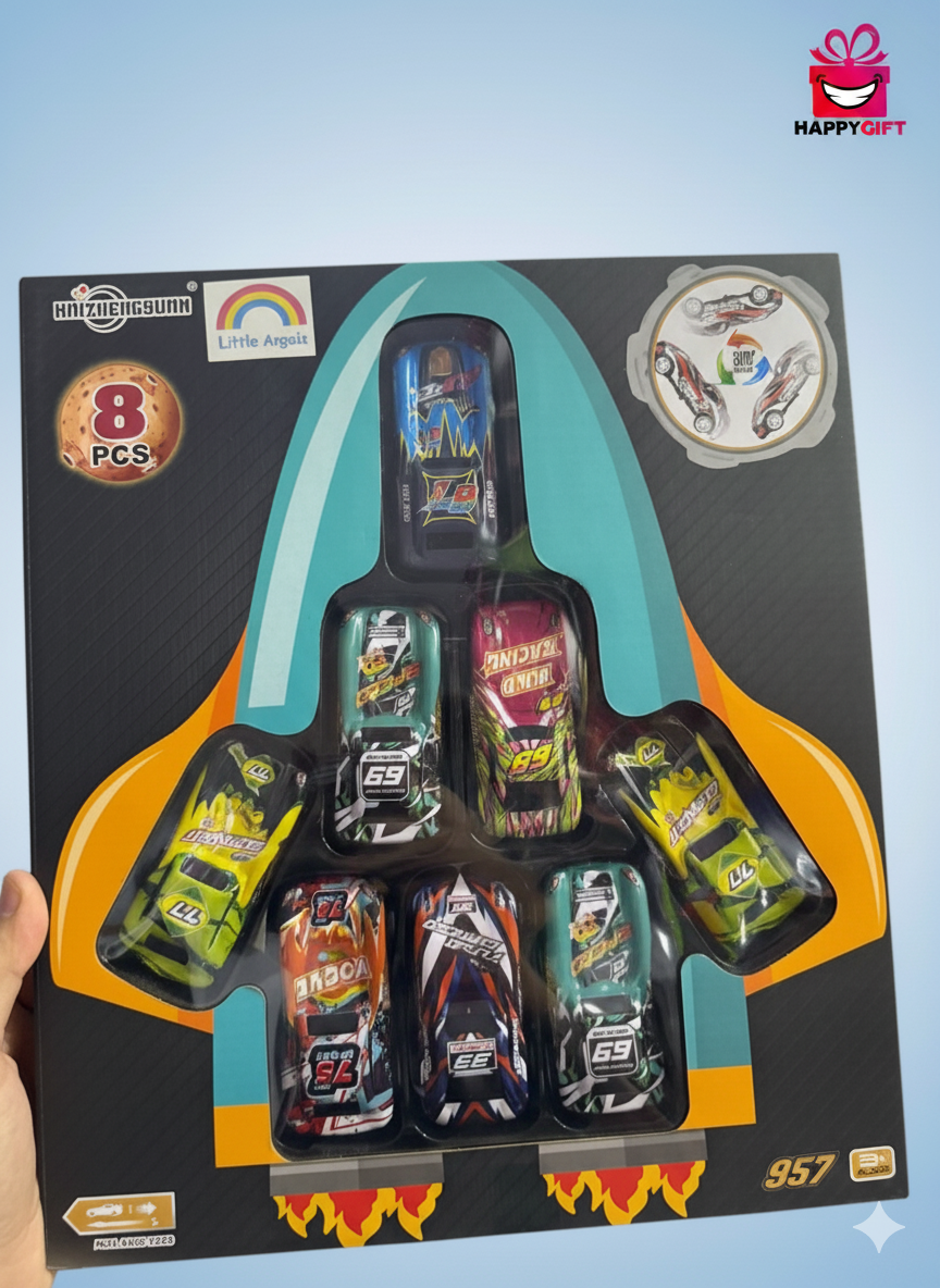 8-Piece Mega Racing Car Set with Pull-Back Action - Rocket-Themed Collector Box