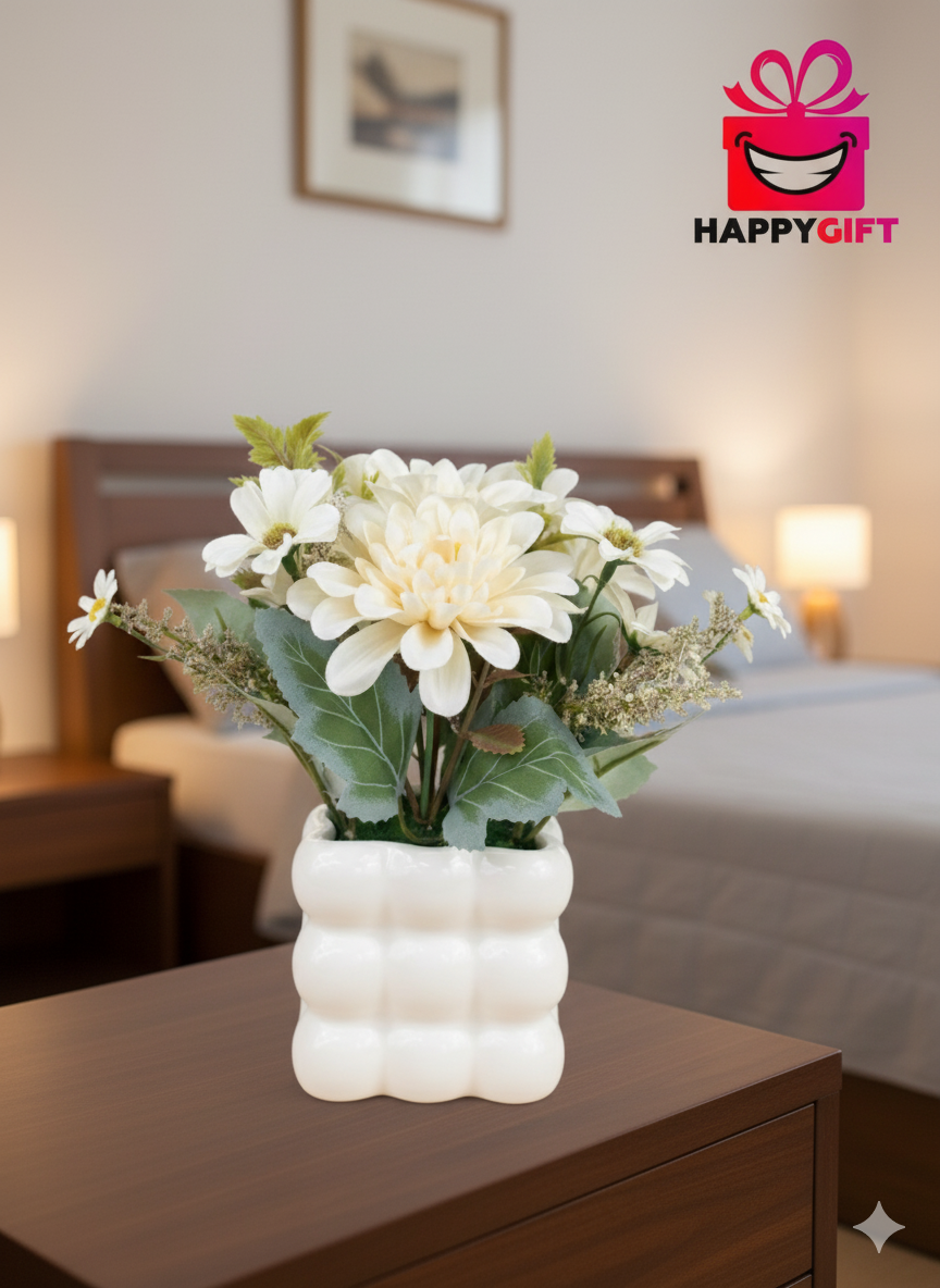 Elegant Faux Daisy & Dahlia Arrangement in Quilted White Ceramic Pot