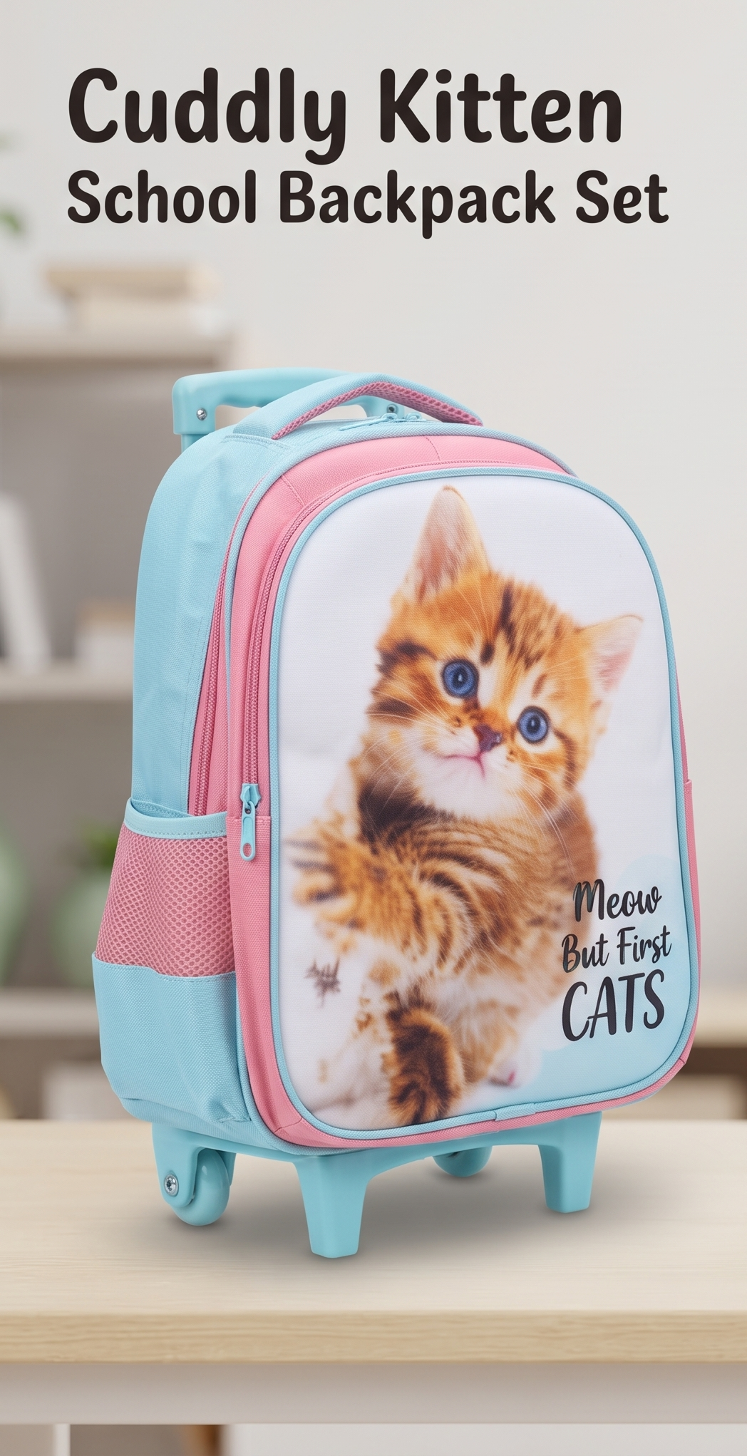 Cuddly Kitten Rolling School Backpack & Pencil Case Set