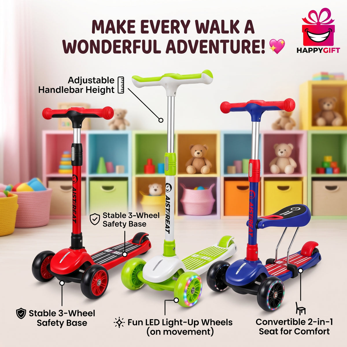 AIMEIBEAT 3-Wheel Kick Scooter for Kids with Flashing LED Wheels & Adjustable T-Bar