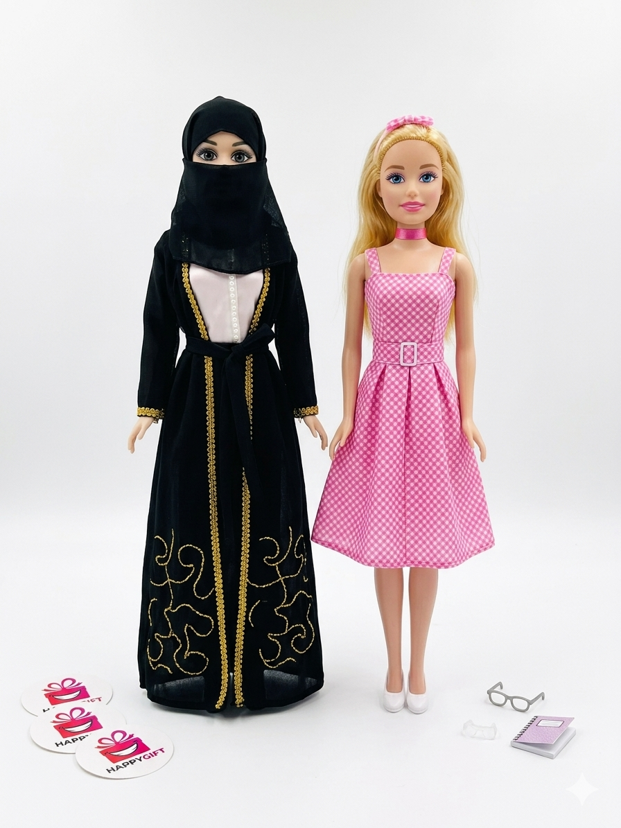 Premium Niqab Fashion Doll Set – Elegant Black Abaya & Pink Dress Toys for Kids