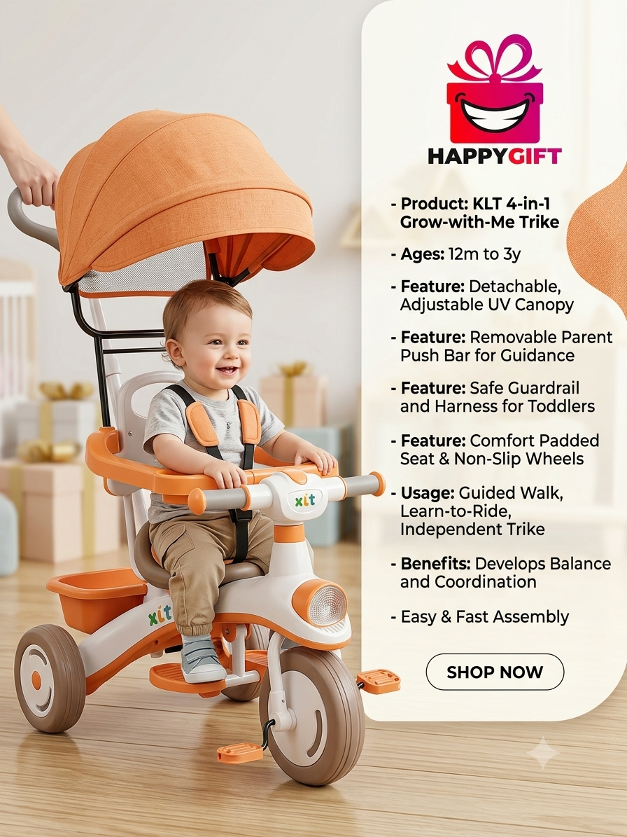Multi-Stage Convertible Toddler Tricycle | 1-4 Years | Safety Guardrail & Parent Push Handle