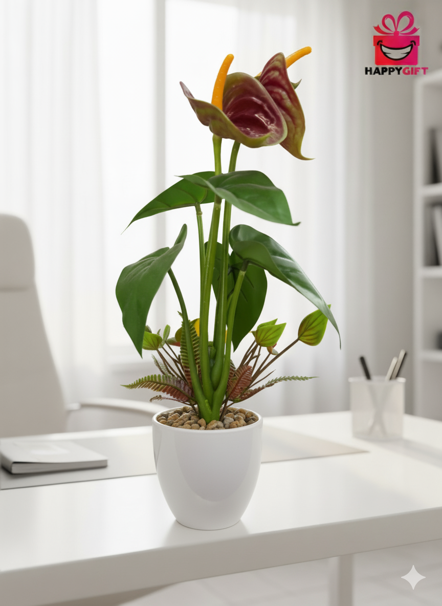 Exotic Faux Anthurium | Burgundy Bloom in Modern White Pot