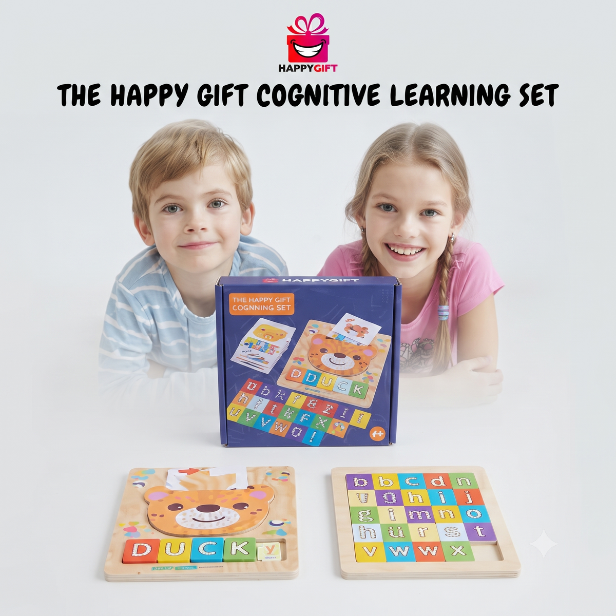 THE HAPPY GIFT COGNITIVE LEARNING SET – Educational Wooden Alphabet & Spelling Puzzle for Kids