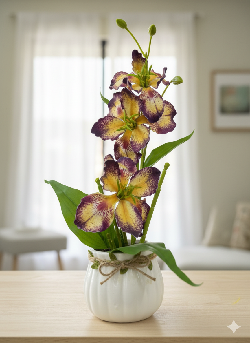 Spotted Faux Orchid in White Ceramic Pot