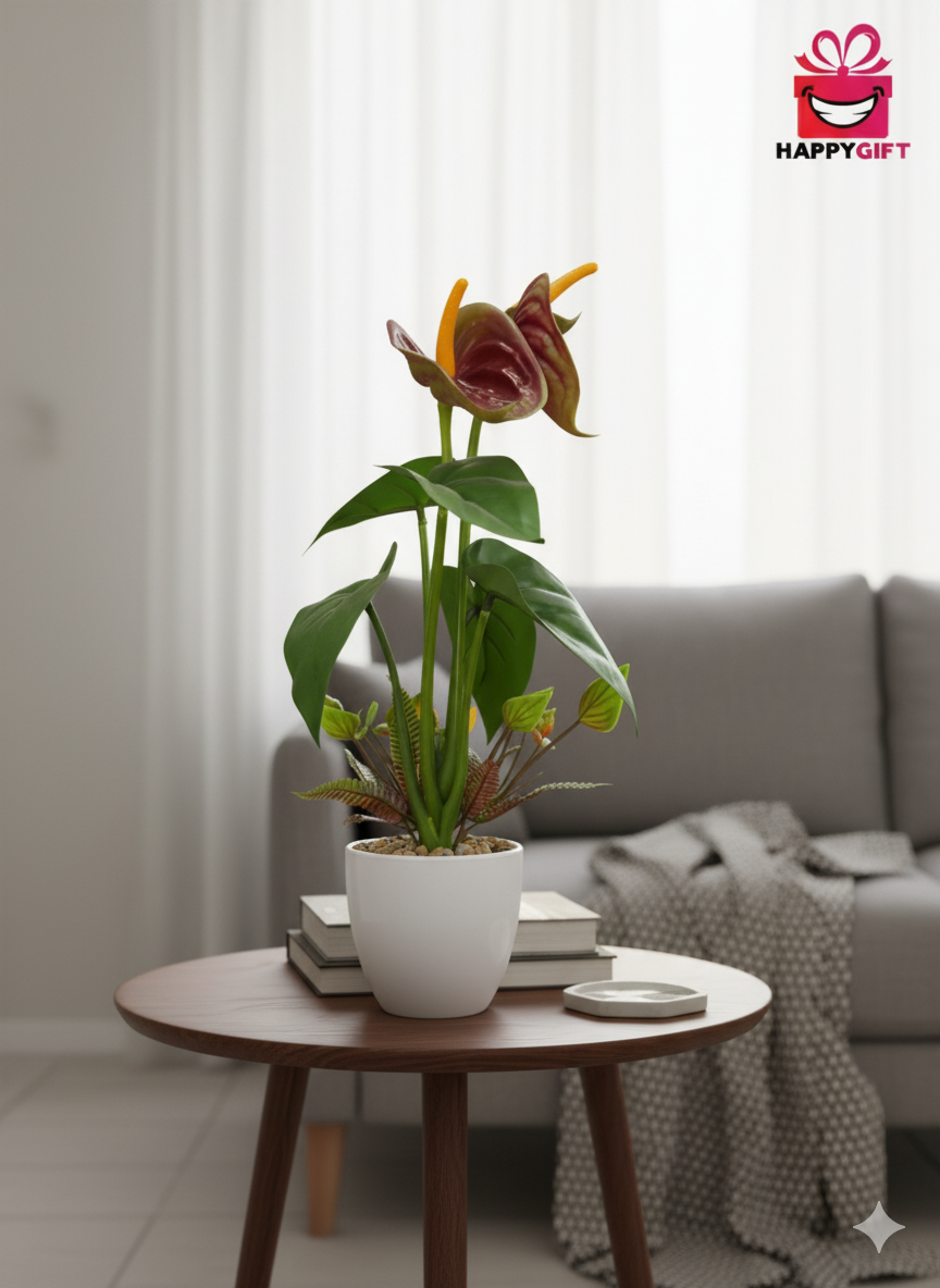 Exotic Faux Anthurium | Burgundy Bloom in Modern White Pot