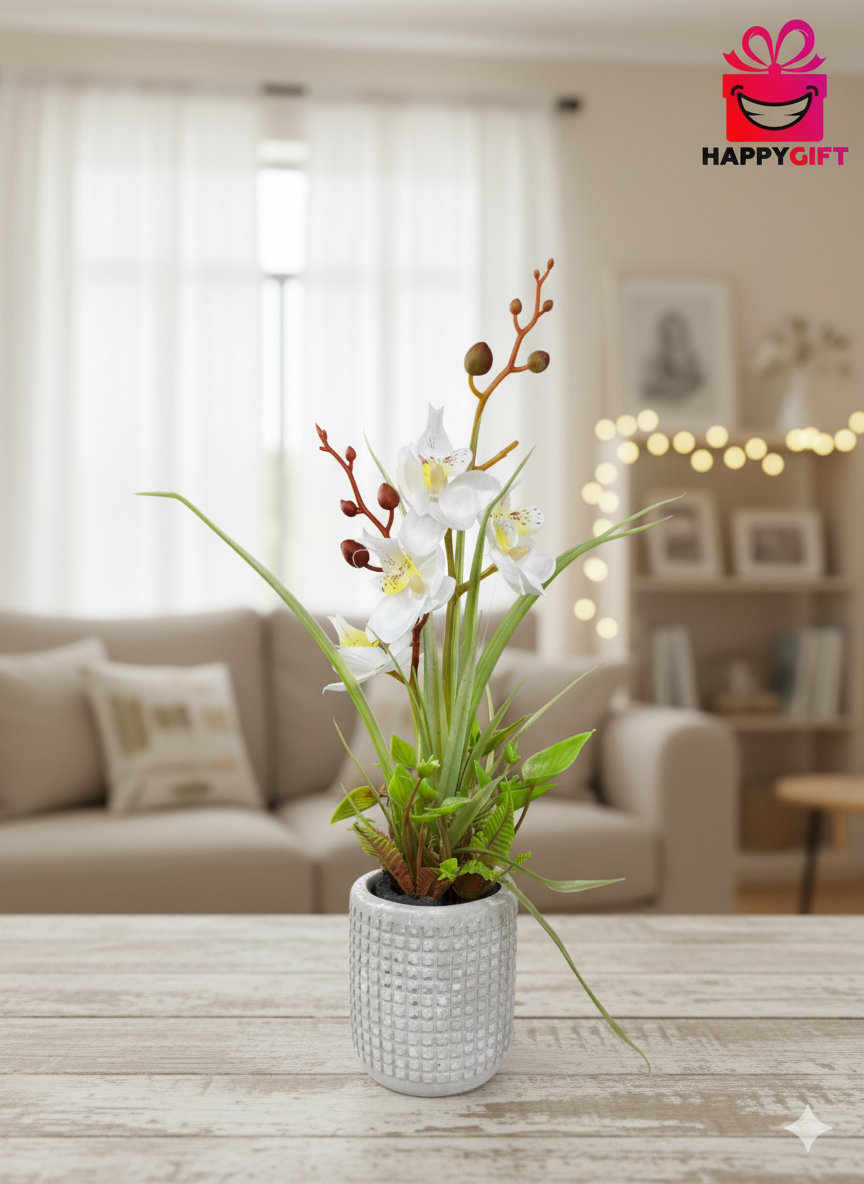 Mini White Faux Flower & Grass Arrangement in Cement Pot