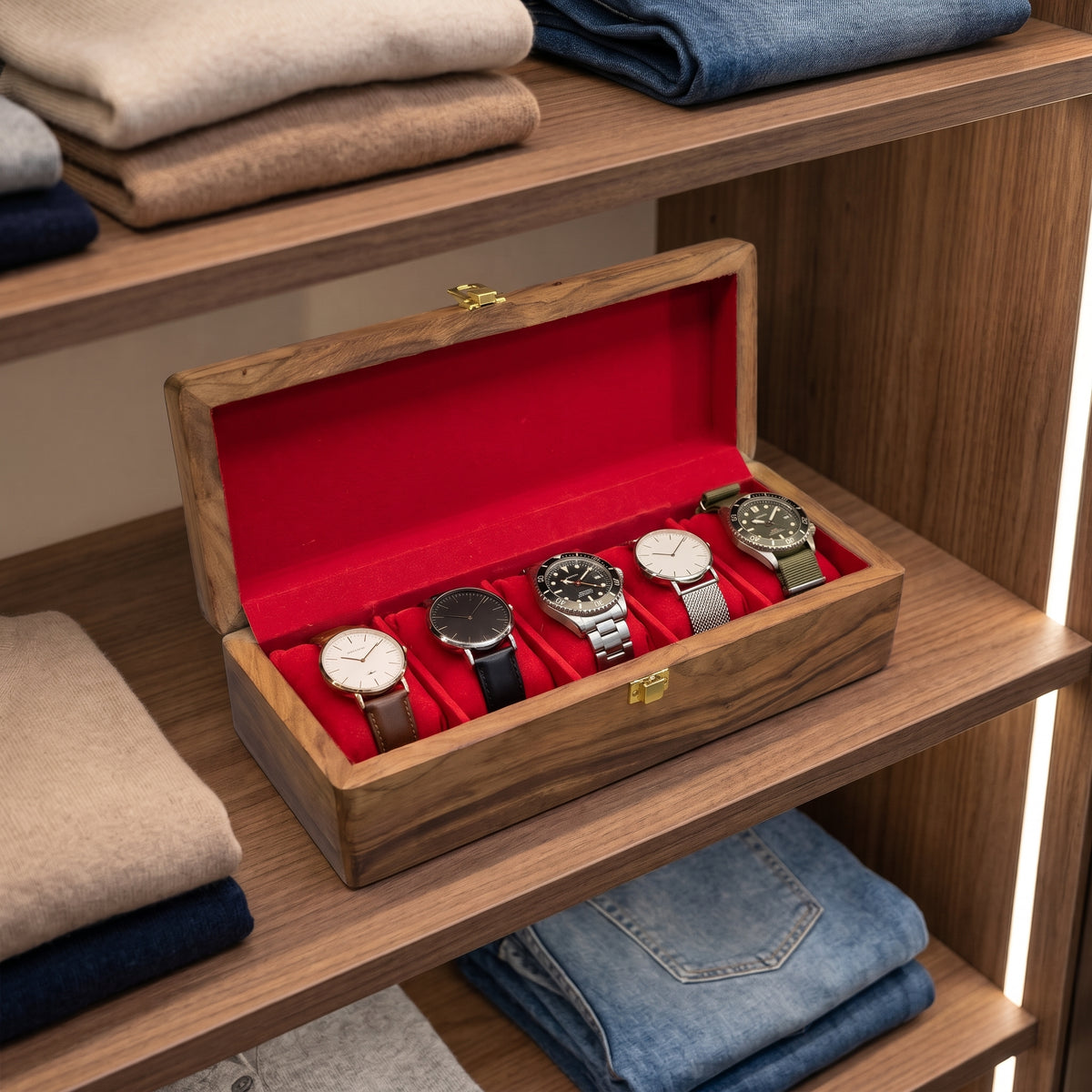Wooden Watch Box with 5 Slots & Red Lining | Happy Gift
