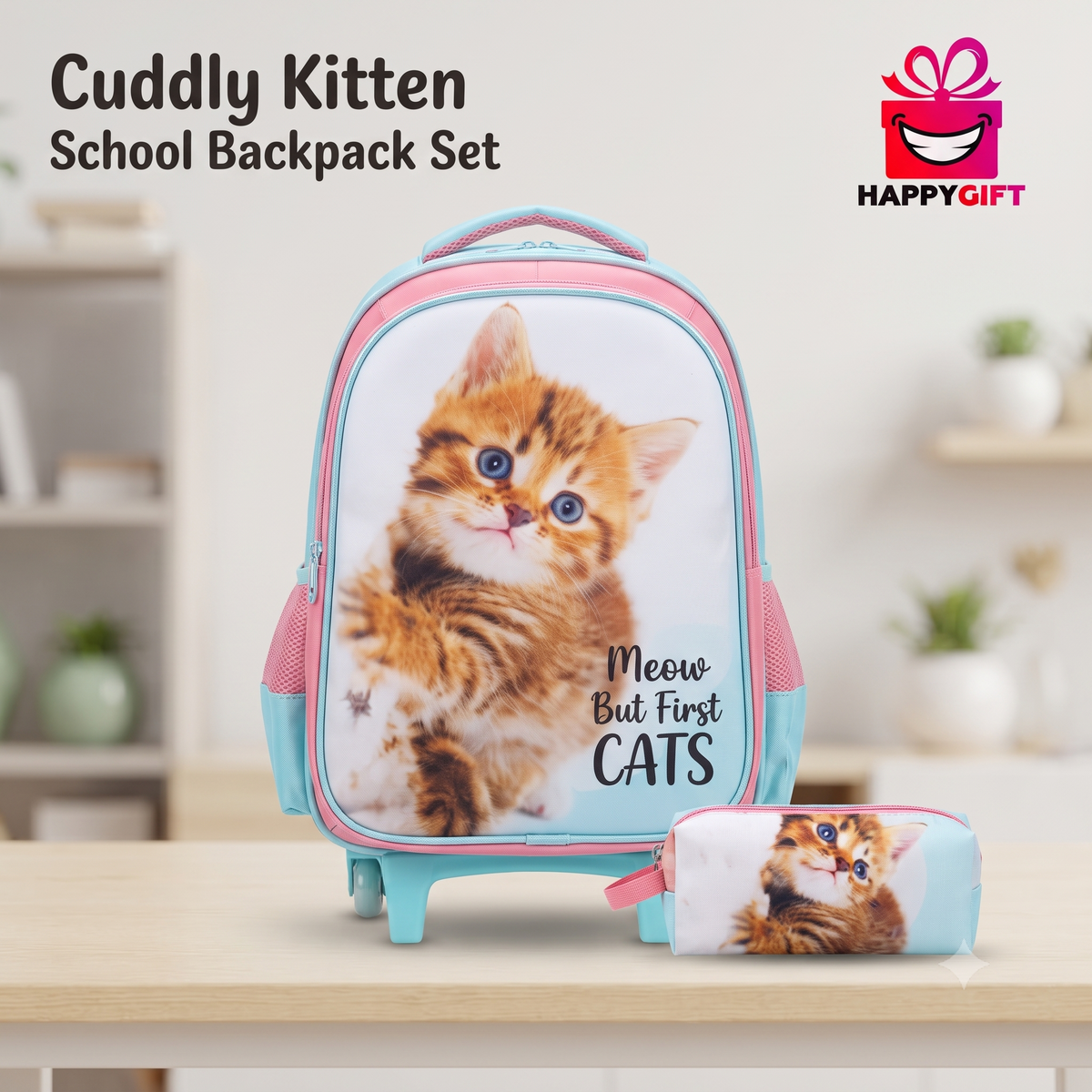 Cuddly Kitten Rolling School Backpack & Pencil Case Set