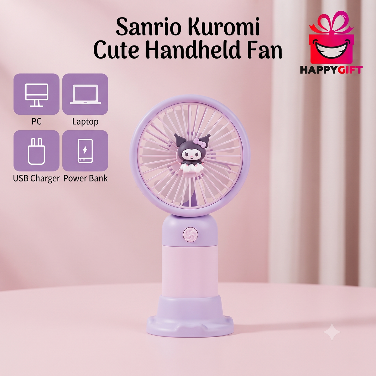 KUROMI’S CUTE-COOL HANDHELD MINI FAN – USB Rechargeable 3-Speed Portable Cooling Fan with Stand