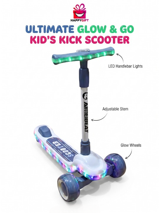 Ultimate Glow 3-Wheel Kick Scooter for Kids – Adjustable Handlebar with LED Light-Up Wheels & Deck