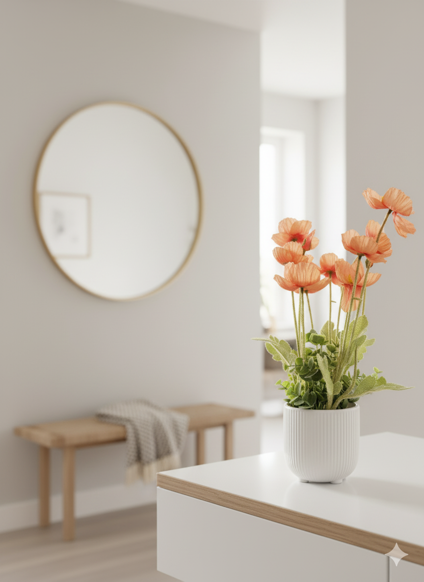 Sunset Poppy Faux Floral in Modern Ribbed Ceramic Pot