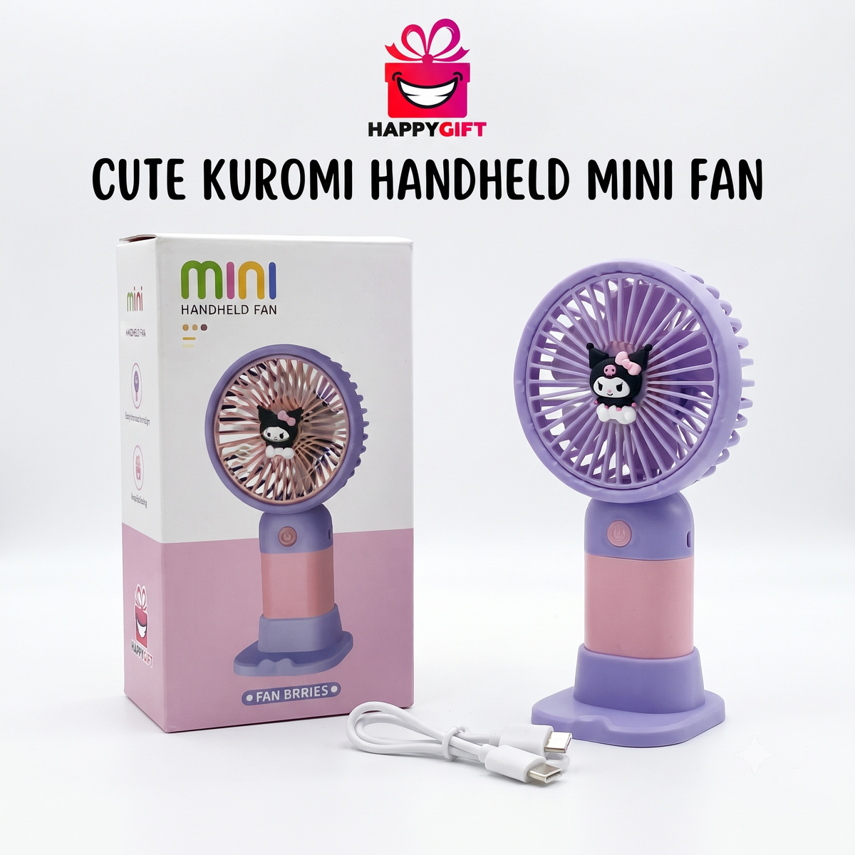 KUROMI’S CUTE-COOL HANDHELD MINI FAN – USB Rechargeable 3-Speed Portable Cooling Fan with Stand