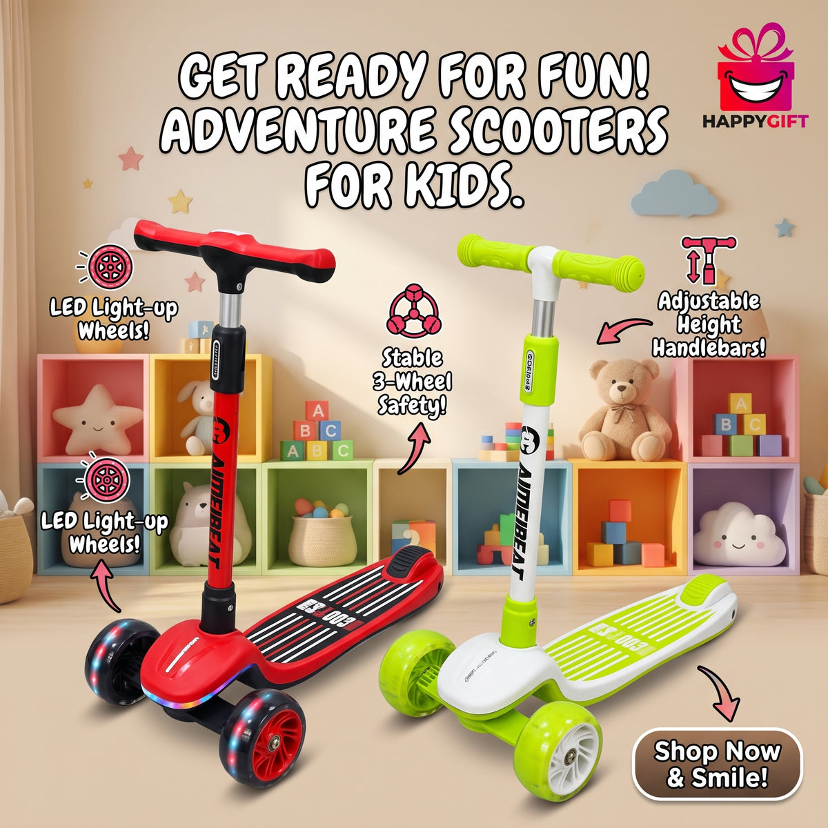 AIMEIBEAT 3-Wheel Kick Scooter for Kids with Flashing LED Wheels & Adjustable T-Bar