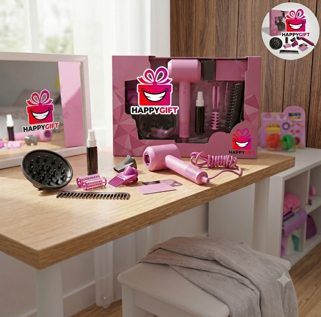 Kids Beauty Salon Deluxe Styling Set – Interactive Toy Hair Dryer with Real Blowing Air & 10+ Fun Accessories