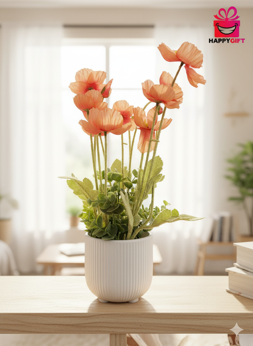 Sunset Poppy Faux Floral in Modern Ribbed Ceramic Pot