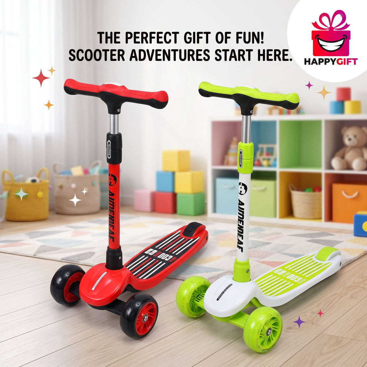 AIMEIBEAT 3-Wheel Kick Scooter for Kids with Flashing LED Wheels & Adjustable T-Bar