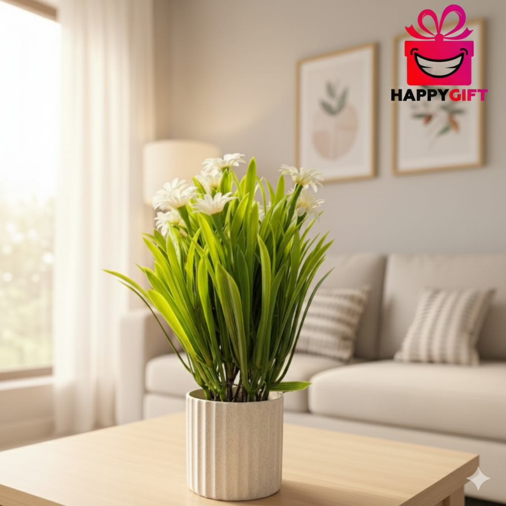 White Faux Daisy & Grass Arrangement in Ribbed White Pot