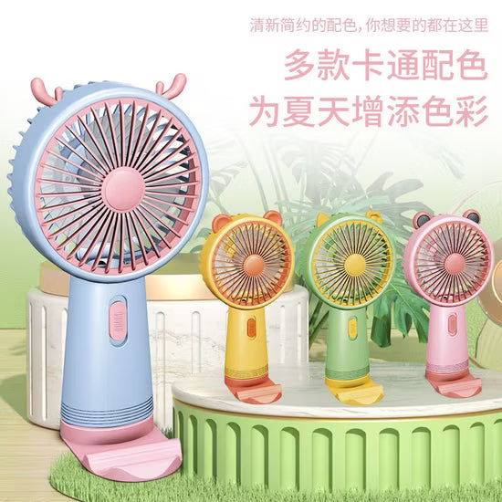 Cute Cartoon 2-in-1 Handheld Fan – Portable USB Rechargeable with Desktop Stand