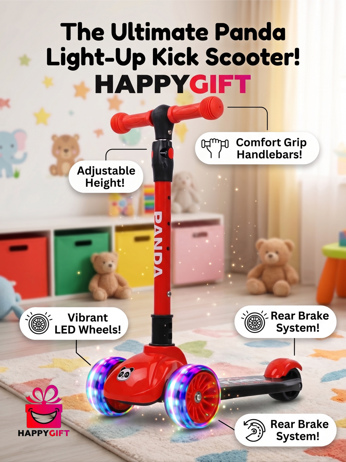 Panda 3-Wheel Kick Scooter for Kids with Flashing LED Wheels & Adjustable Handlebar