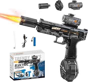 Electric Water Gun with LED Fire Effect – High-Speed Automatic Water Blaster Toy with Scope & Large Drum Magazine