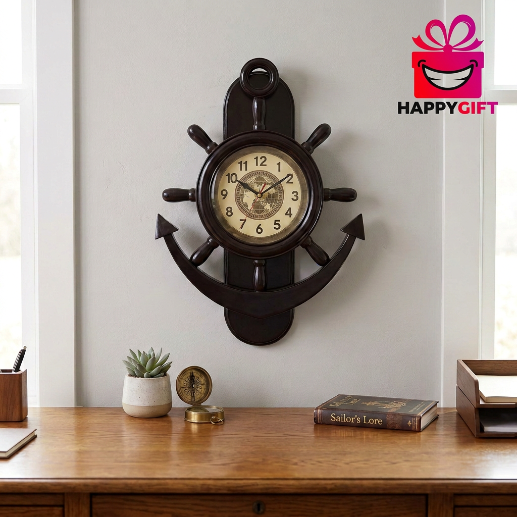 Nautical Anchor Wall Clock with Vintage Map Dial | Happy Gift