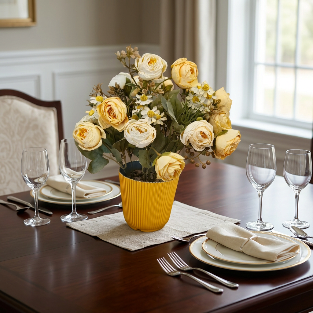 Artificial Cream Rose Flower Arrangement in Yellow Pot | Happy Gift