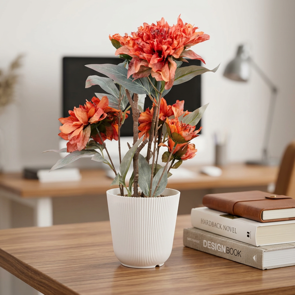 Artificial Coral Peony Flower Arrangement in White Pot | Happy Gift