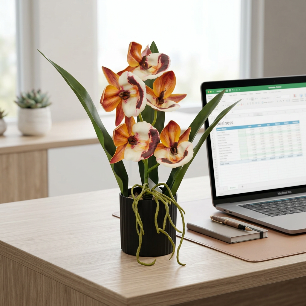 Artificial Orange Orchid Arrangement with Vines in Black Pot | Happy Gift