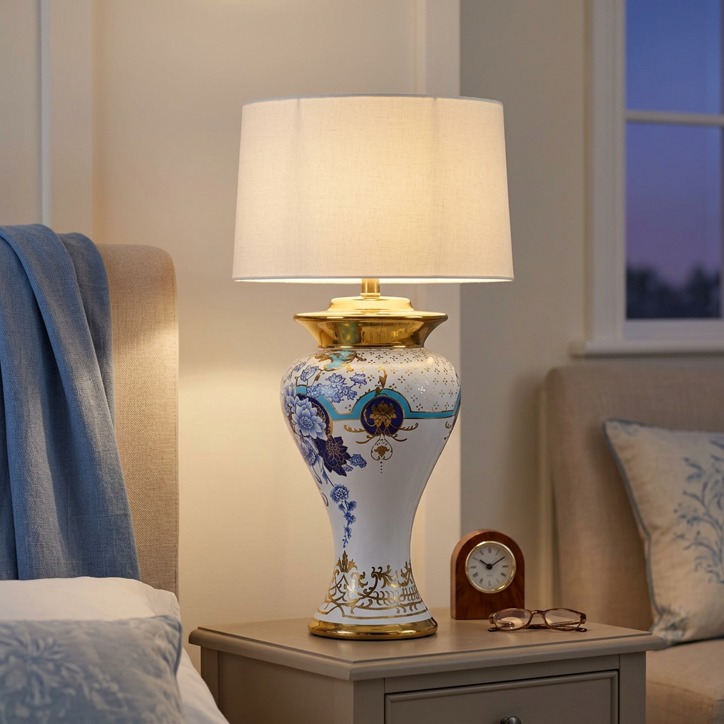 Blue & White Floral Table Lamp with Ivory Shade | Happy Gift