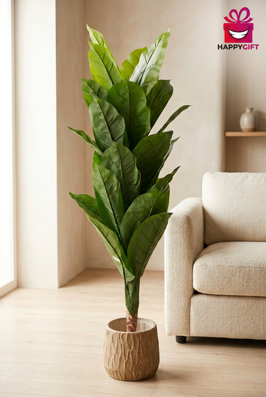 Broad-Leaf Decorative Plant with Tan Planter | Happy Gift