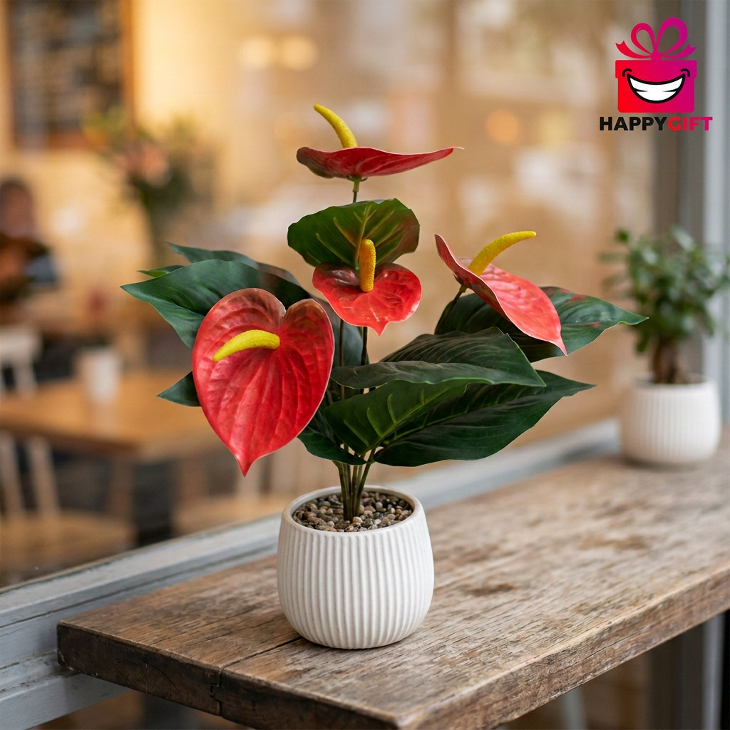 Red Artificial Anthurium Plant in White Ribbed Pot | Happy Gift