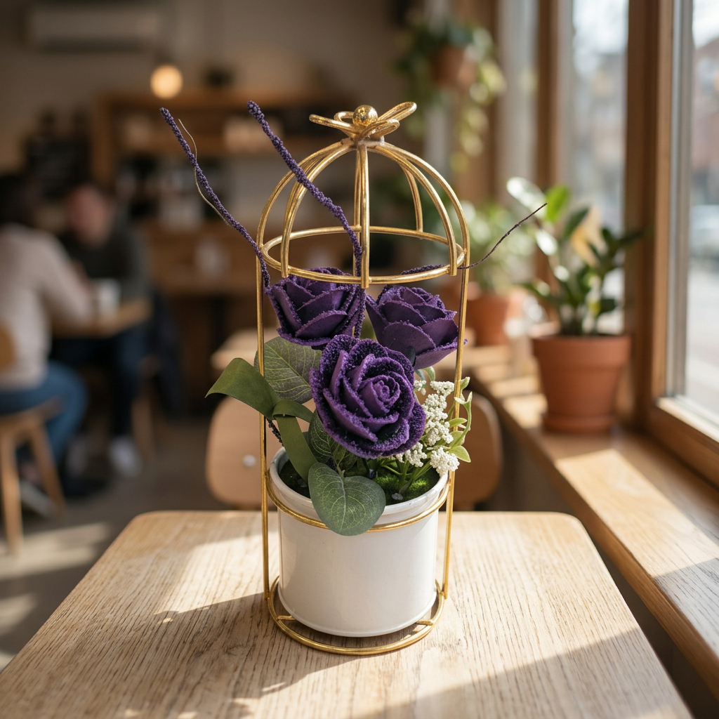 Purple Artificial Rose Arrangement in Gold Cage Stand | Happy Gift