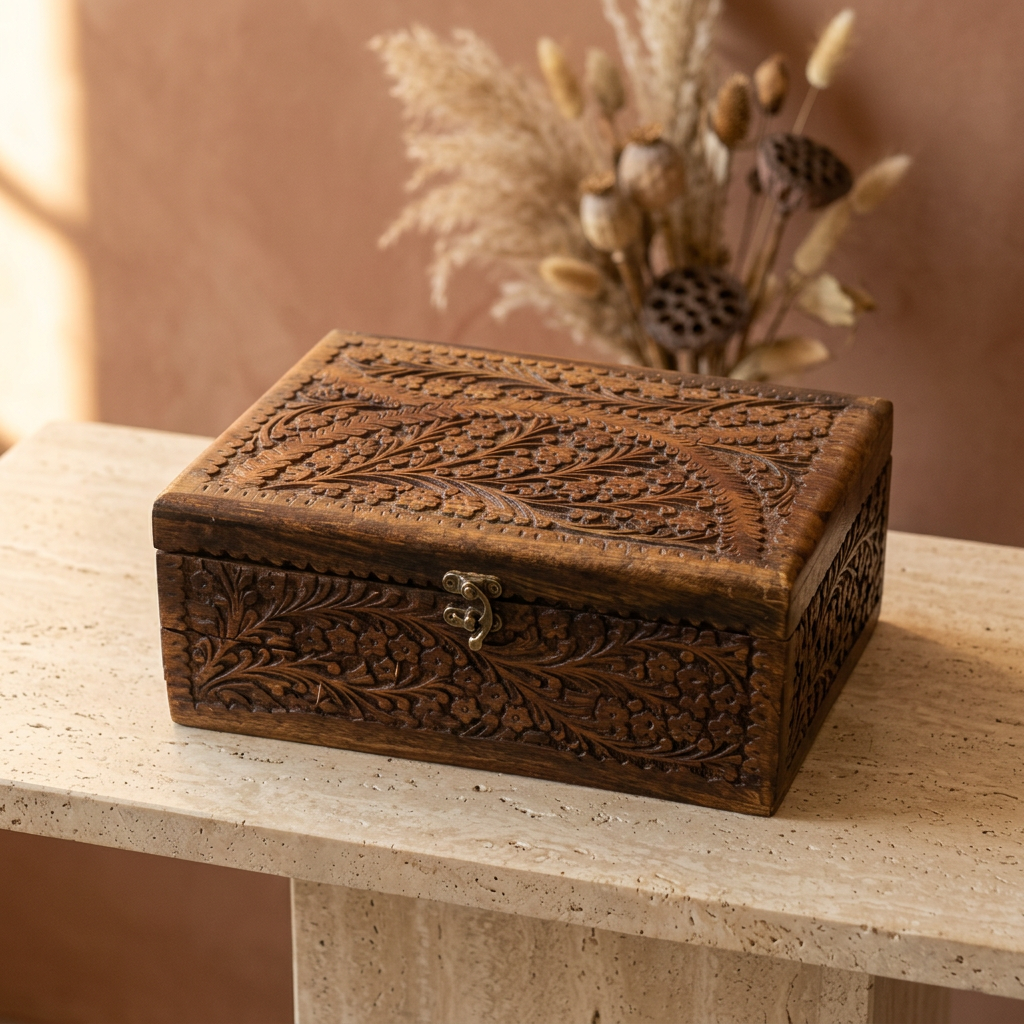 Carved Wooden Jewellery Box with Red Lining | Happy Gift