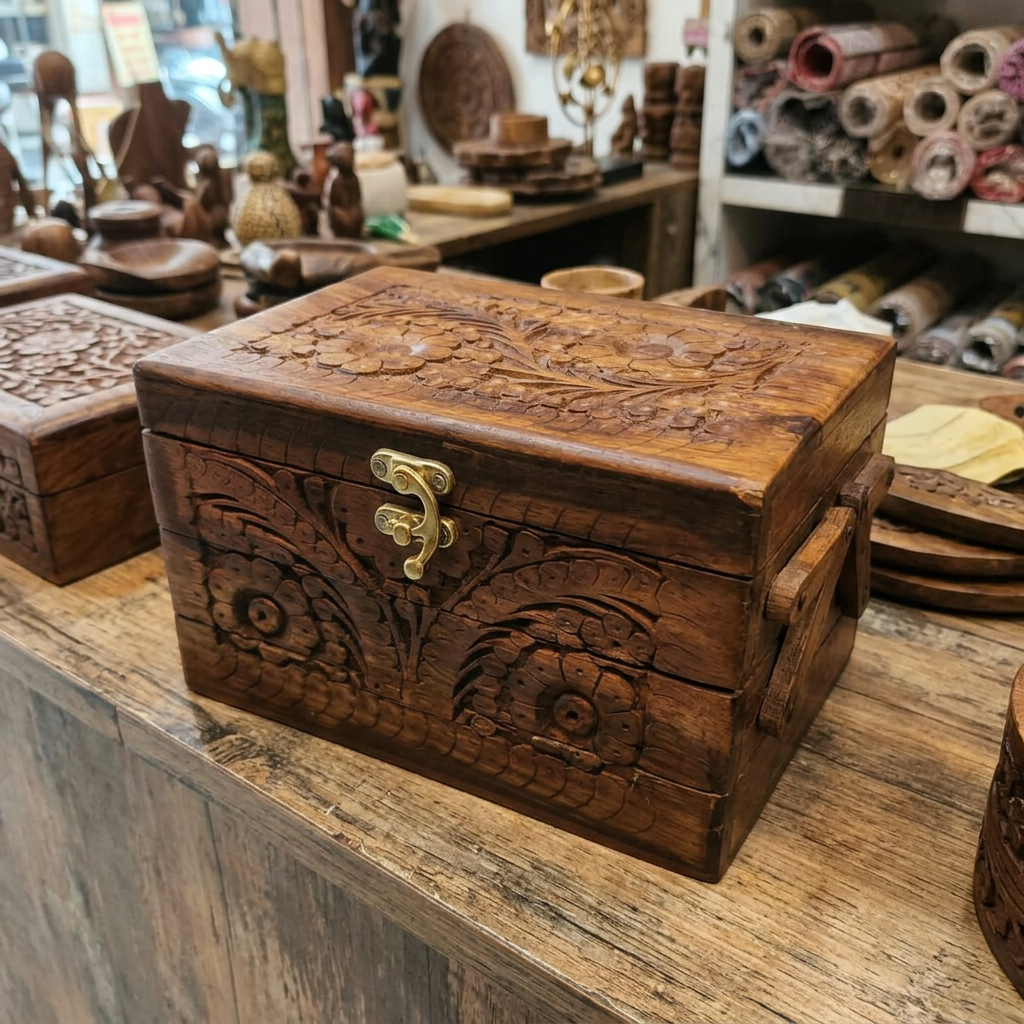 Carved Wooden Tiered Jewellery Box with Red Lining | Happy Gift