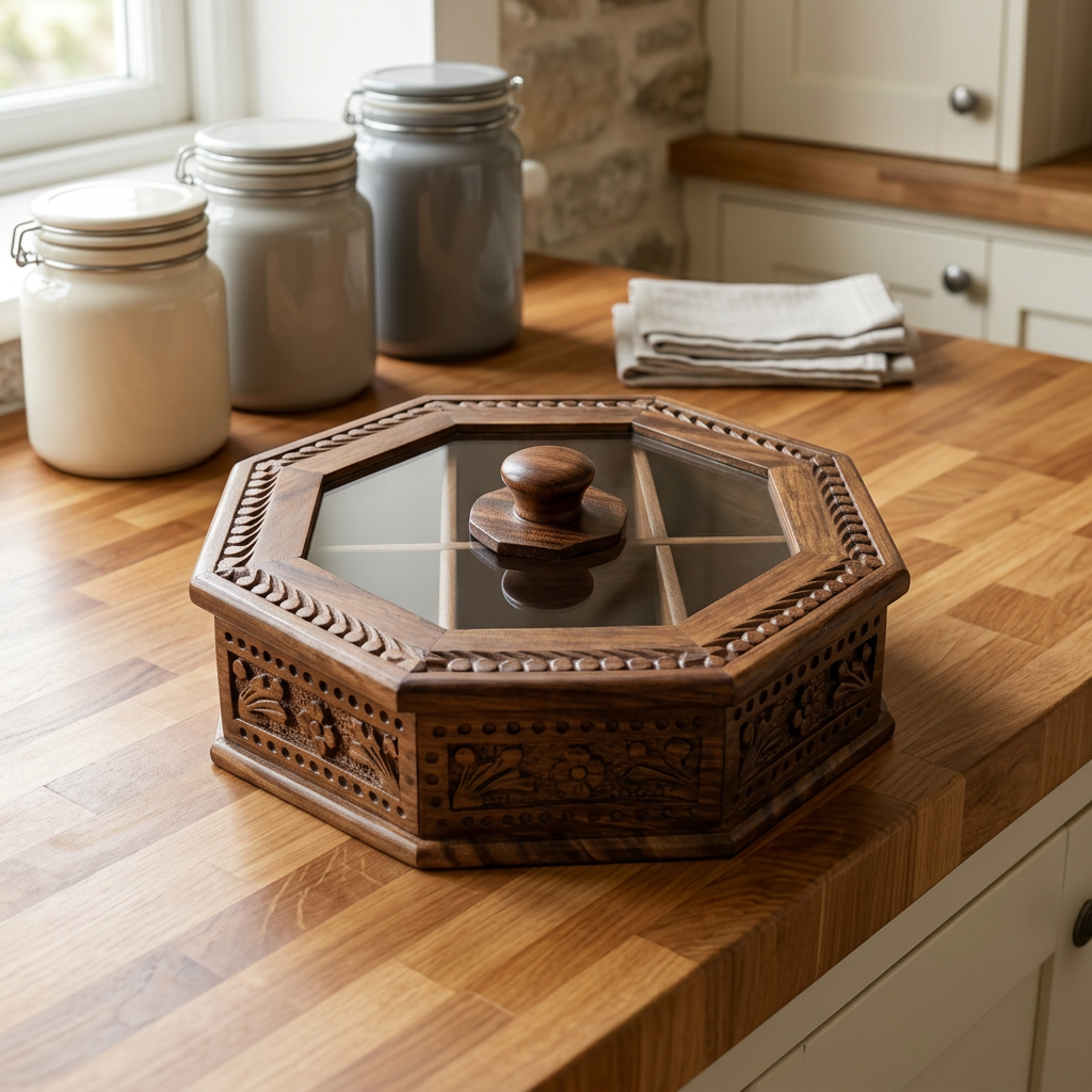 Octagonal Wooden Storage Box with Glass Lid | Happy Gift