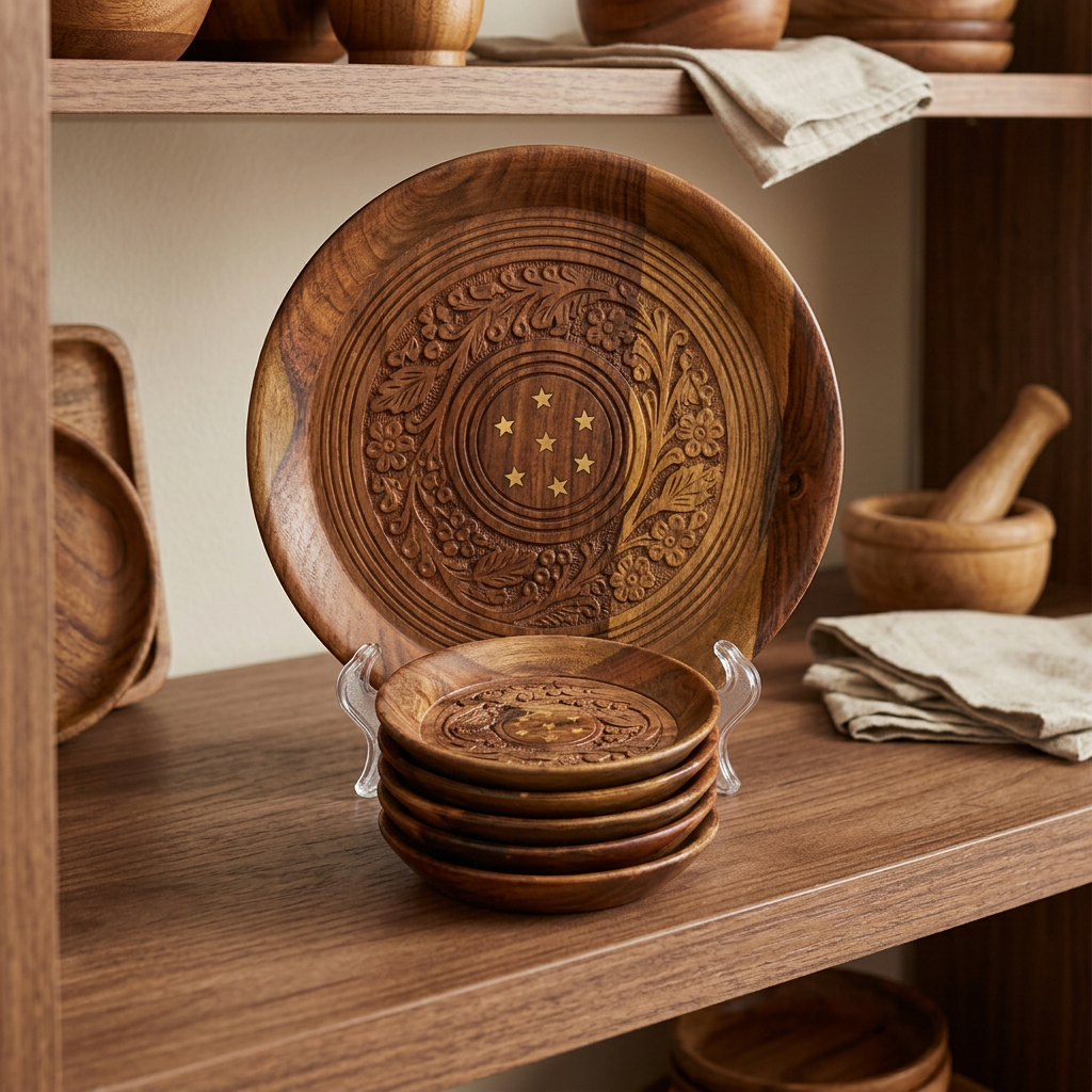 Carved Wooden Plate Set – 1 Large & 6 Small | Happy Gift