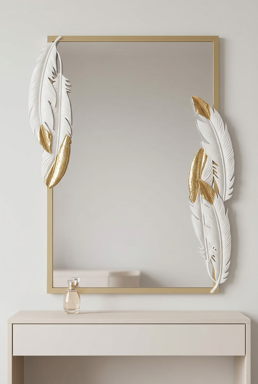 White & Gold Feather Decorative Rectangle Mirror – Happy Gift Length 3 Foot Width 2 Foot