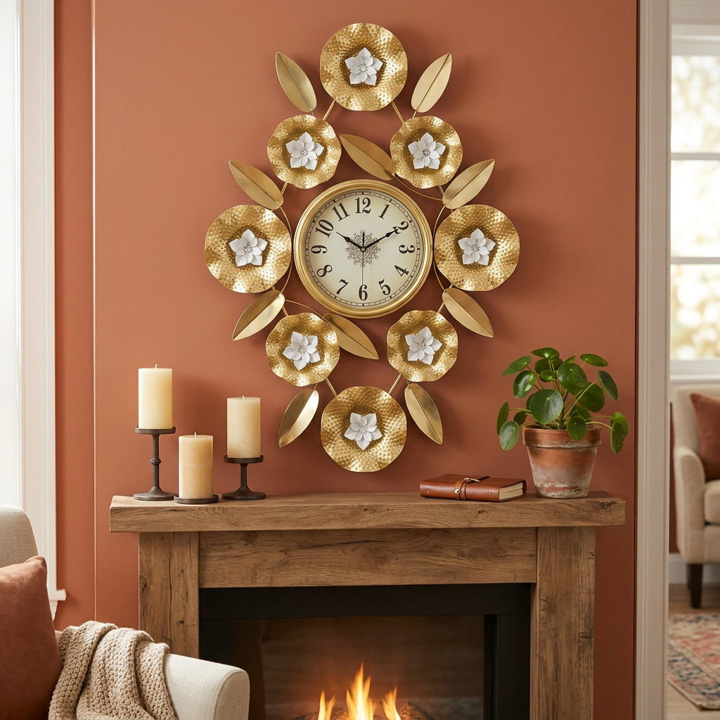 Gold Flower Metal Wall Clock with White Flowers | Happy Gift