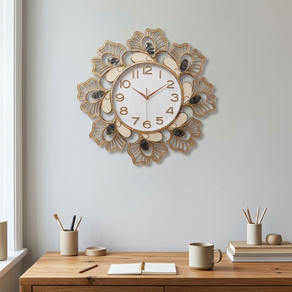 Decorative Floral Wall Clock in Black, Ivory and Gold – Happy Gift