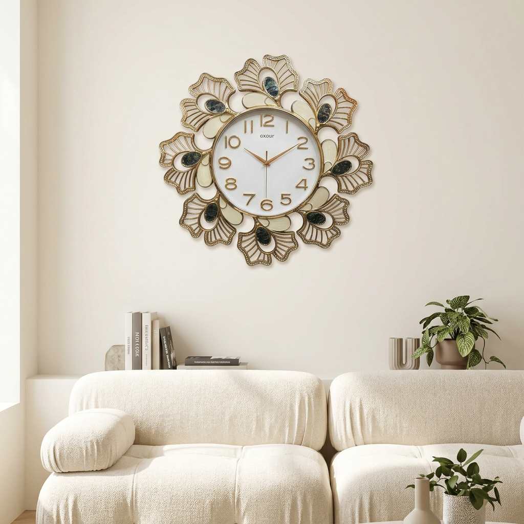 Decorative Floral Wall Clock in Black, Ivory and Gold – Happy Gift