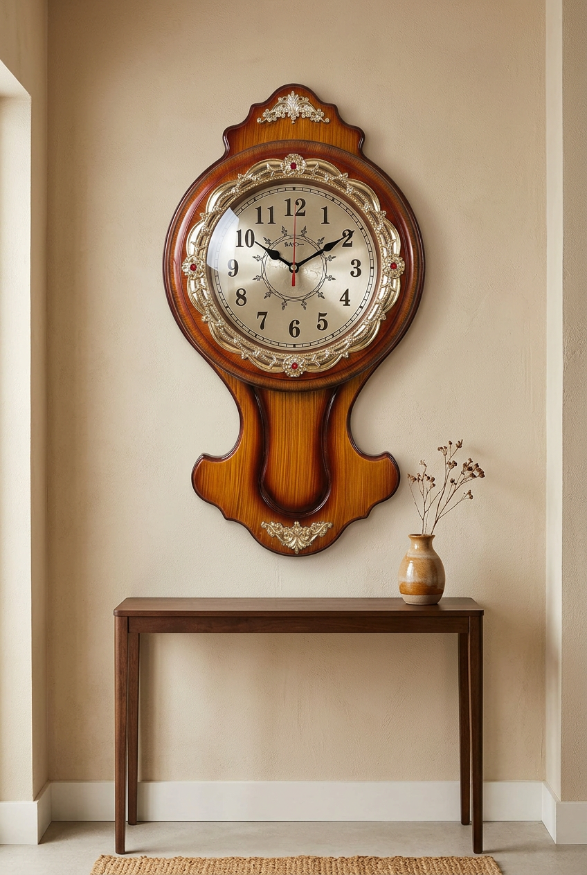 Vintage-Style Woodgrain Wall Clock with Gold Detailing – Happy Gift
