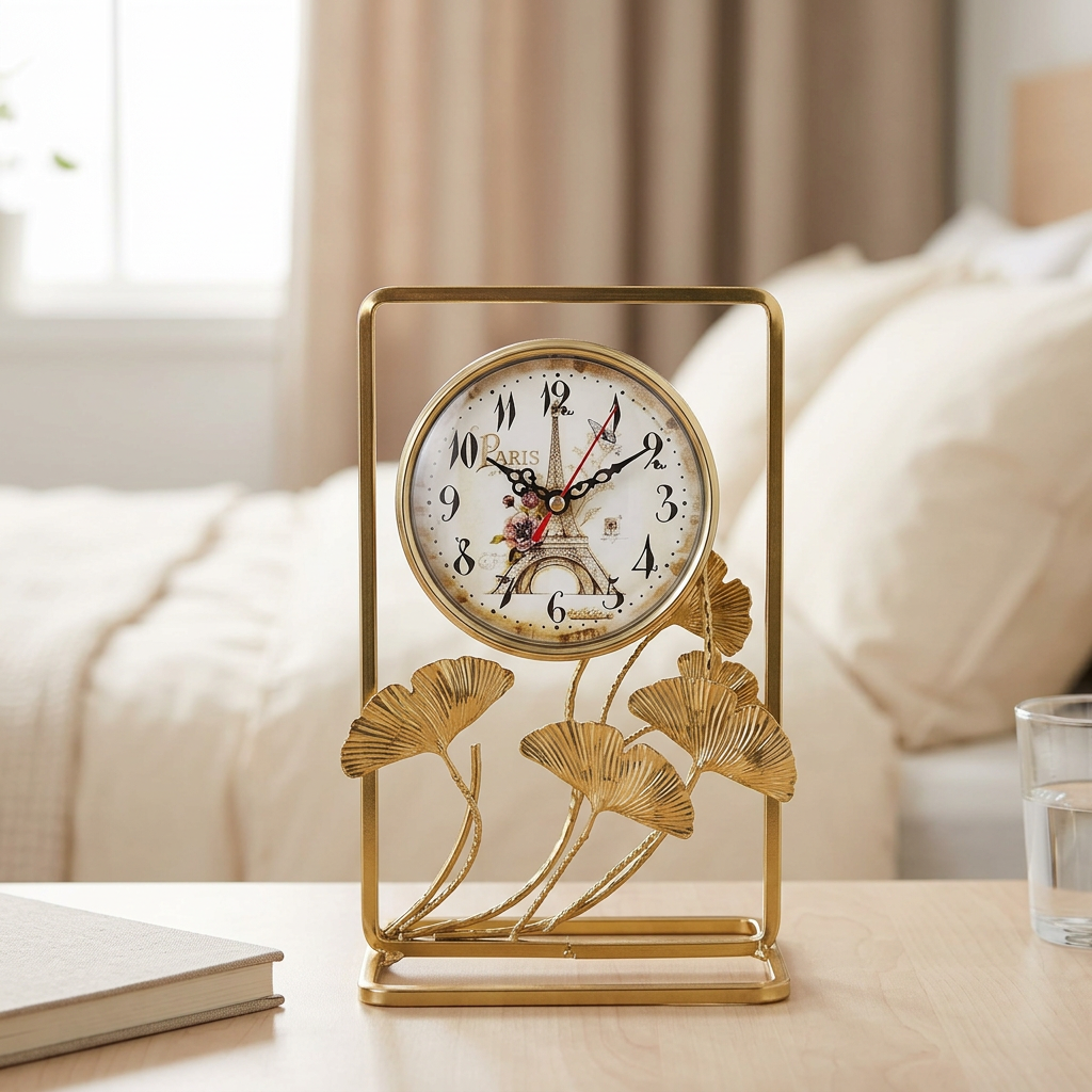 Gold Ginkgo Leaf Table Clock with Paris Dial | Happy Gift