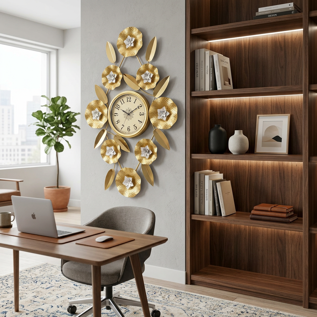 Gold Flower Metal Wall Clock with White Flowers | Happy Gift