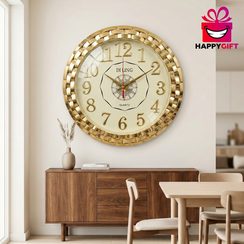 Gold Round Wall Clock with Classic Numerals – Happy gift