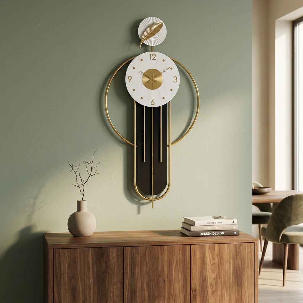 Modern Black & Gold Wall Clock with Leaf Design | Happy Gift