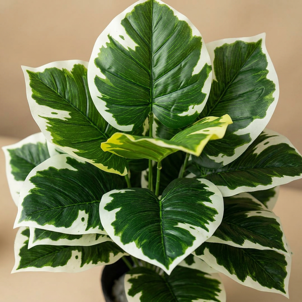 Artificial Green & White Leaf Plant in Black Pot | Happy Gift HEIGHT 3 FT